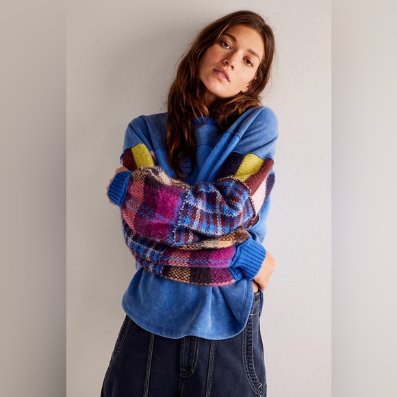 We The Free Easy On Me Pullover Patchwork Top Sz XS Blue Multicolor Cozy Style - Picture 5 of 13